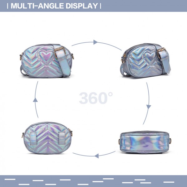 LH6834 - Miss Lulu Quilted Heart and Chevron Cross Body and Bum Bag - Iridescent Light Blue